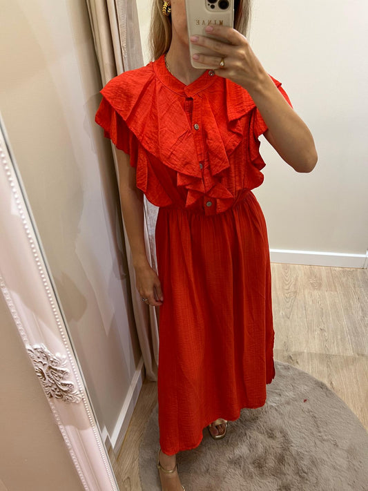 Vestido volantes coral