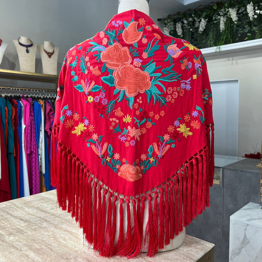 Mantón Cantiña rojo con coral