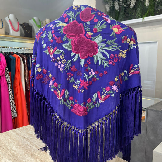 Mantón Cantiña azul eléctrico con buganvilla